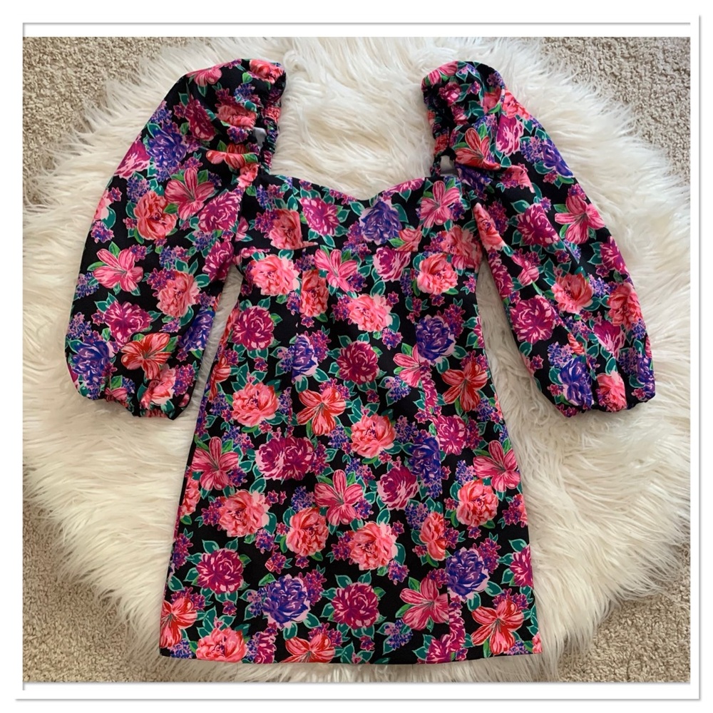 Zara Puff Sleeve Floral Mini Dress Pink Purple Size XS